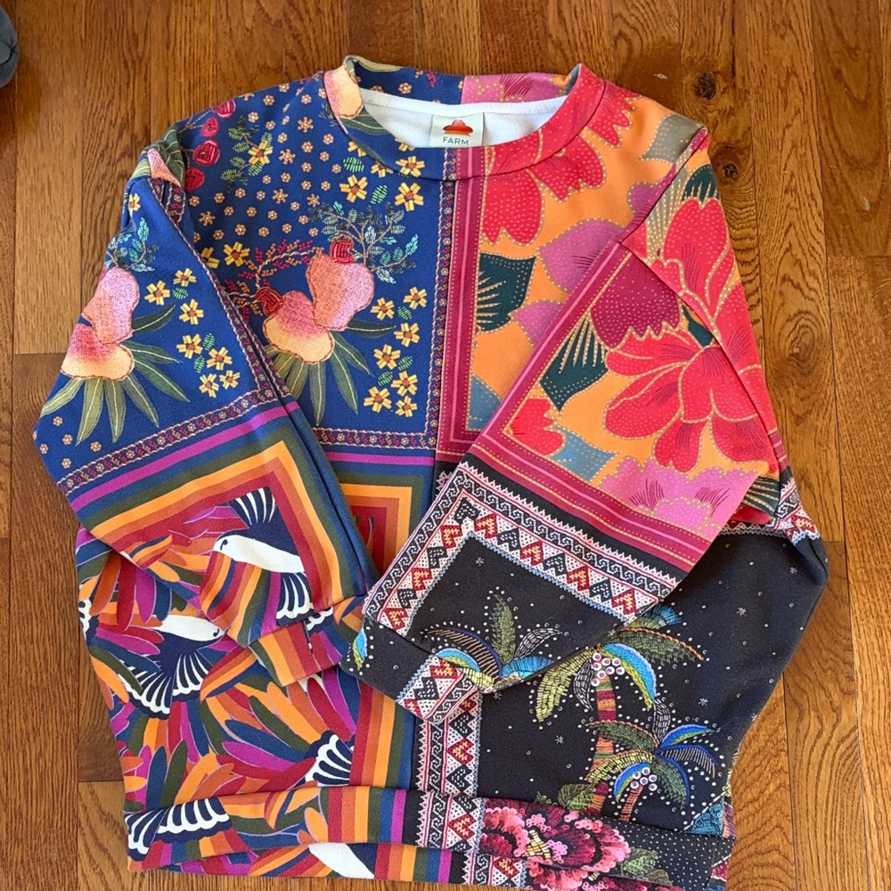 FARM Rio Bold Floral & Tropical Patchwork Sweater - Blue, Pink, Orange, Black